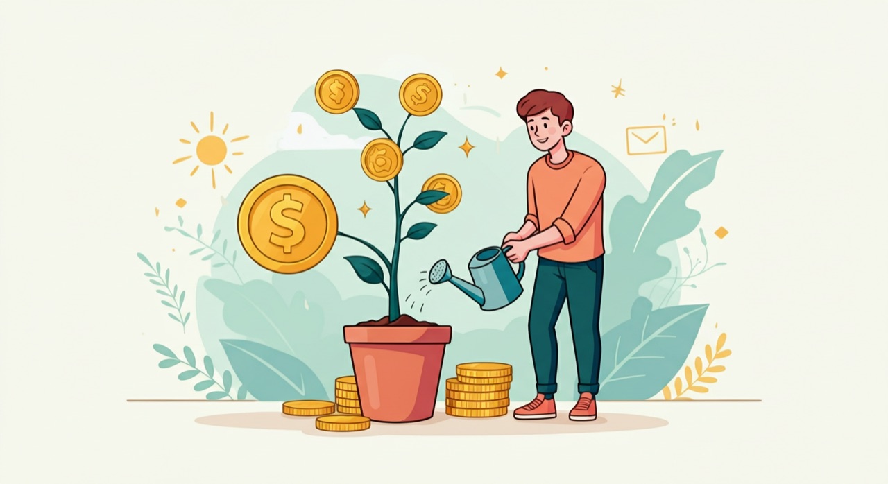 Illustration of a person watering a small potted money plant growing gold coins — a first £1,000 investment starting to grow.